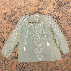 blue and white boho style blouse